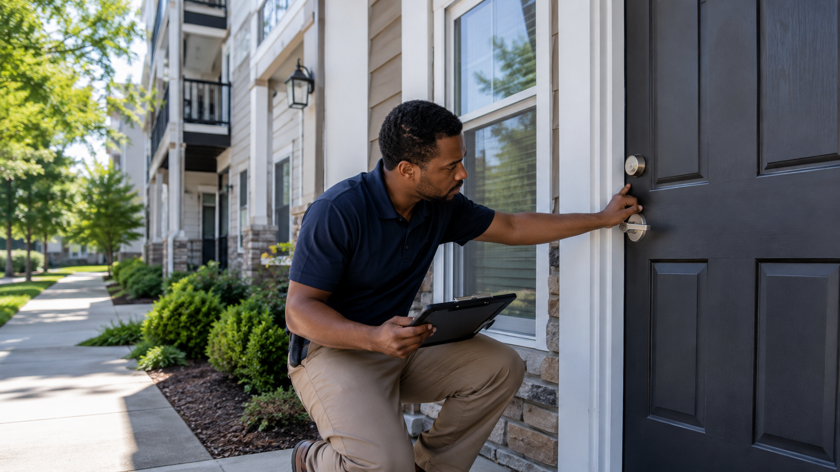 Property maintenance professional inspecting and securing an apartment entrance