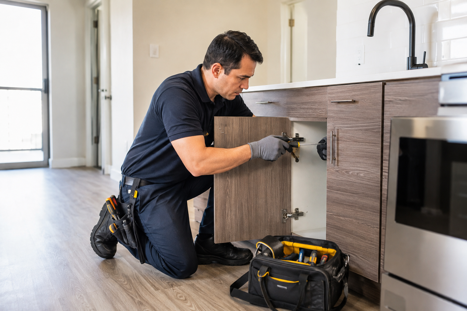 Maintenance technician repairing cabinet hardware in an apartment