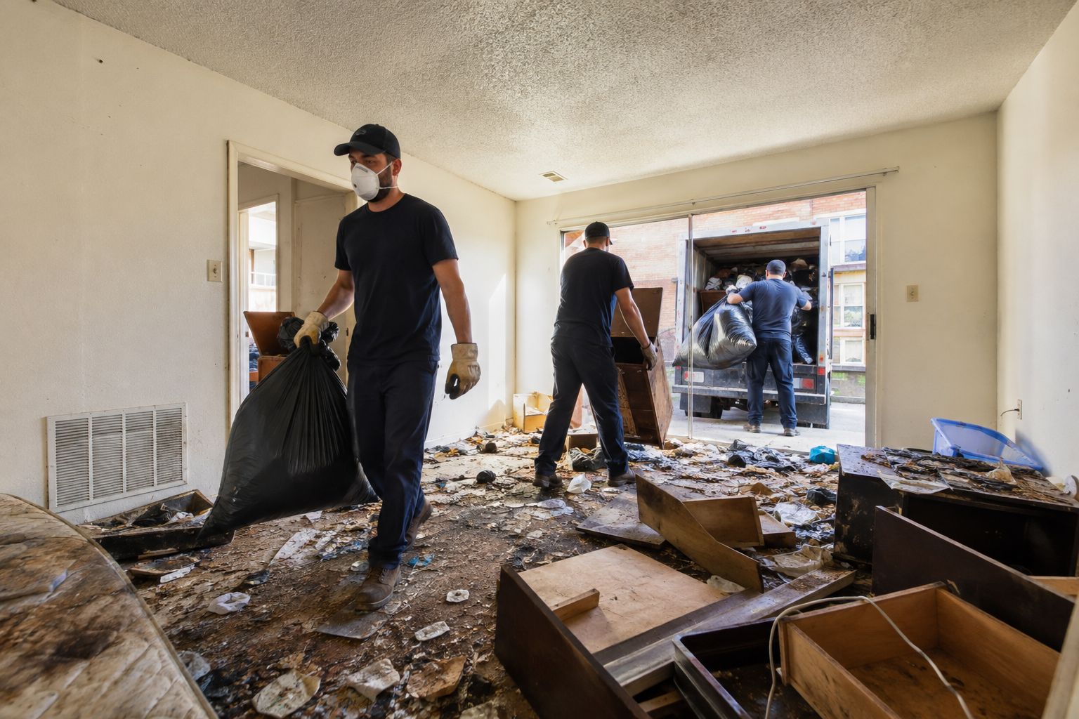 Professional crew removing trash and abandoned debris from an apartment